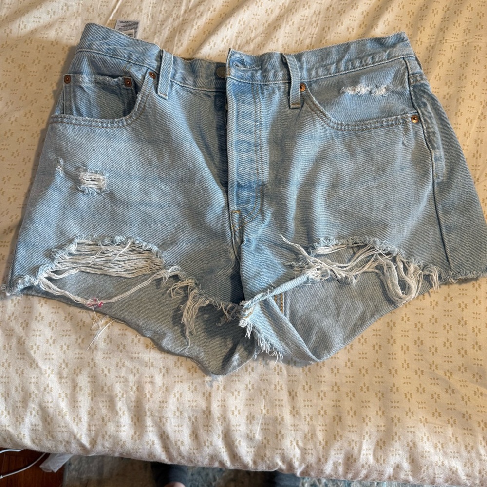 Levi's 501 Light Blue Distressed High-Waist Denim Shorts